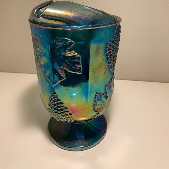 Vintage Mid-Century Modern Iridescent Blue Harvest Grape Carnival Glass Pitcher - Picture 3 of 4